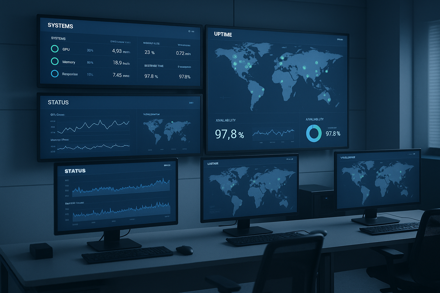 Centre de contrôle avec des moniteurs pour les outils de surveillance du temps de fonctionnement et des indicateurs d'état globaux