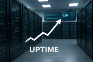 Centre de données moderne avec infrastructure de serveurs redondante et Uptime Monitoring