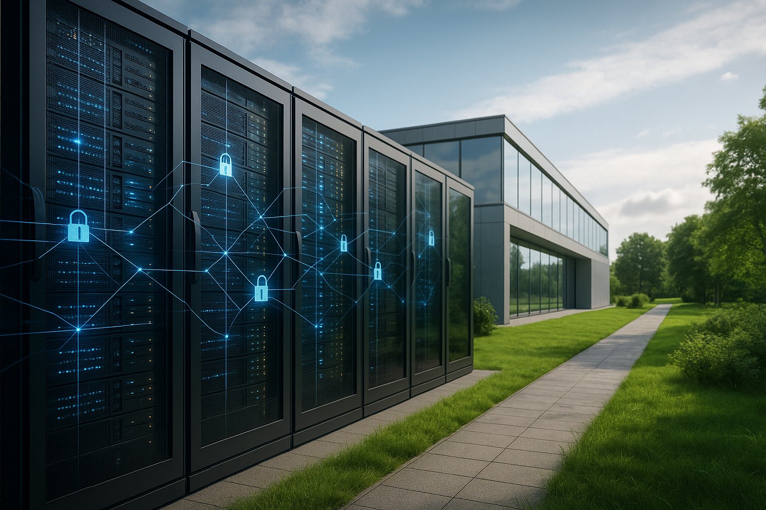 Datacentre européen moderne avec façade en verre et serveur