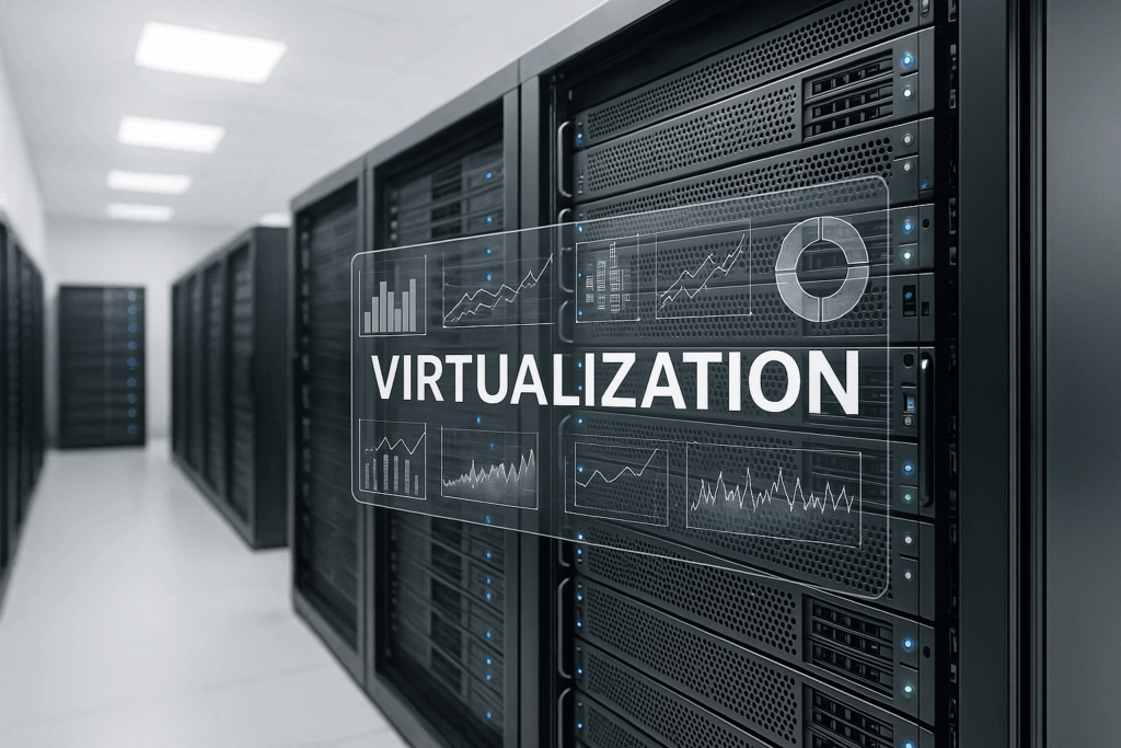 Salle de serveurs virtuelle avec racks de serveurs modernes et interface numérique