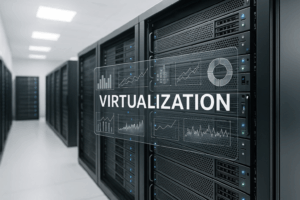 Salle de serveurs virtuelle avec racks de serveurs modernes et interface numérique