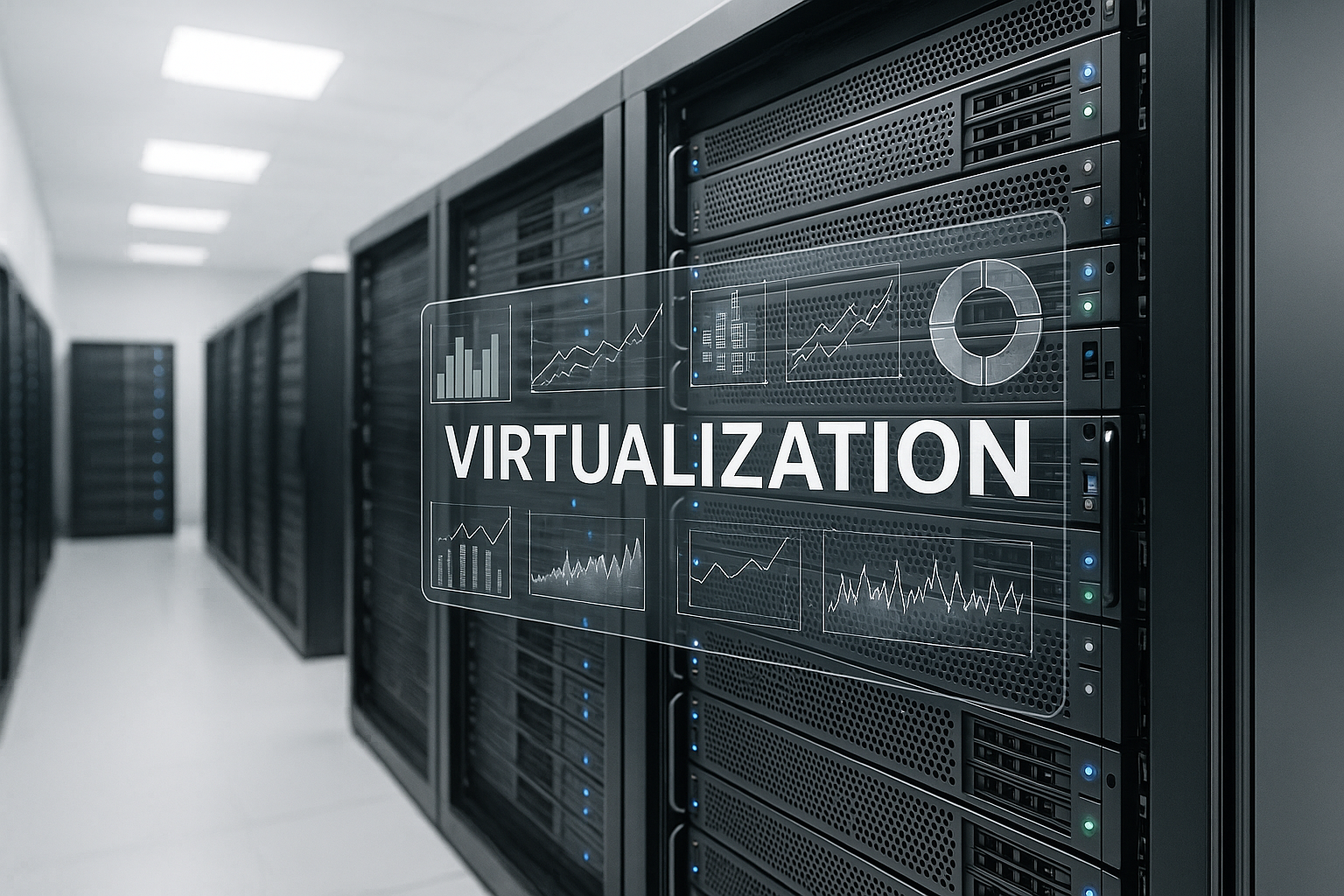 Salle de serveurs virtuelle avec racks de serveurs modernes et interface numérique