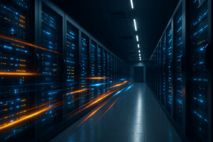 Centre de données moderne avec racks de serveurs puissants et technologie NVMe