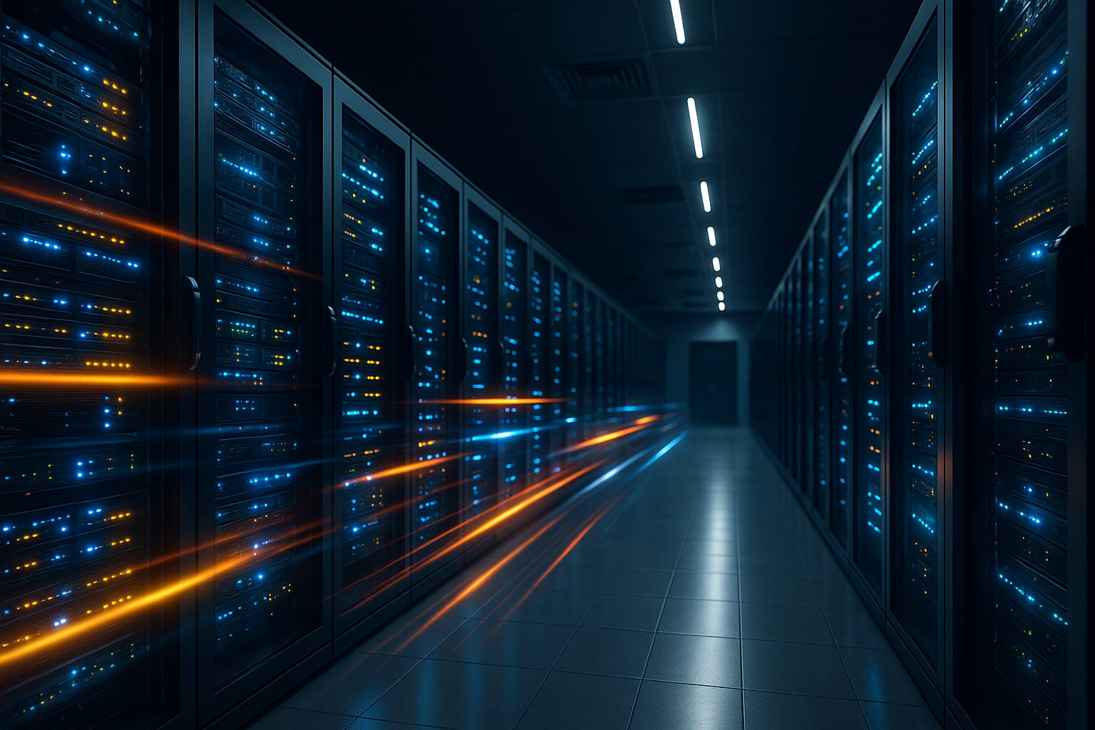 Centre de données moderne avec racks de serveurs puissants et technologie NVMe