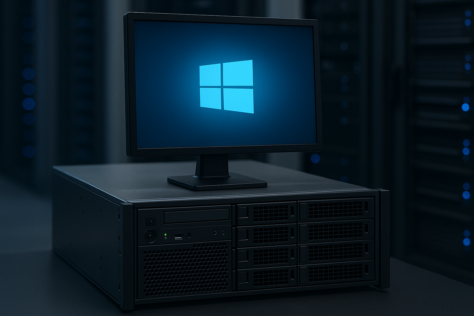 Un serveur avec le logo Windows sur un écran