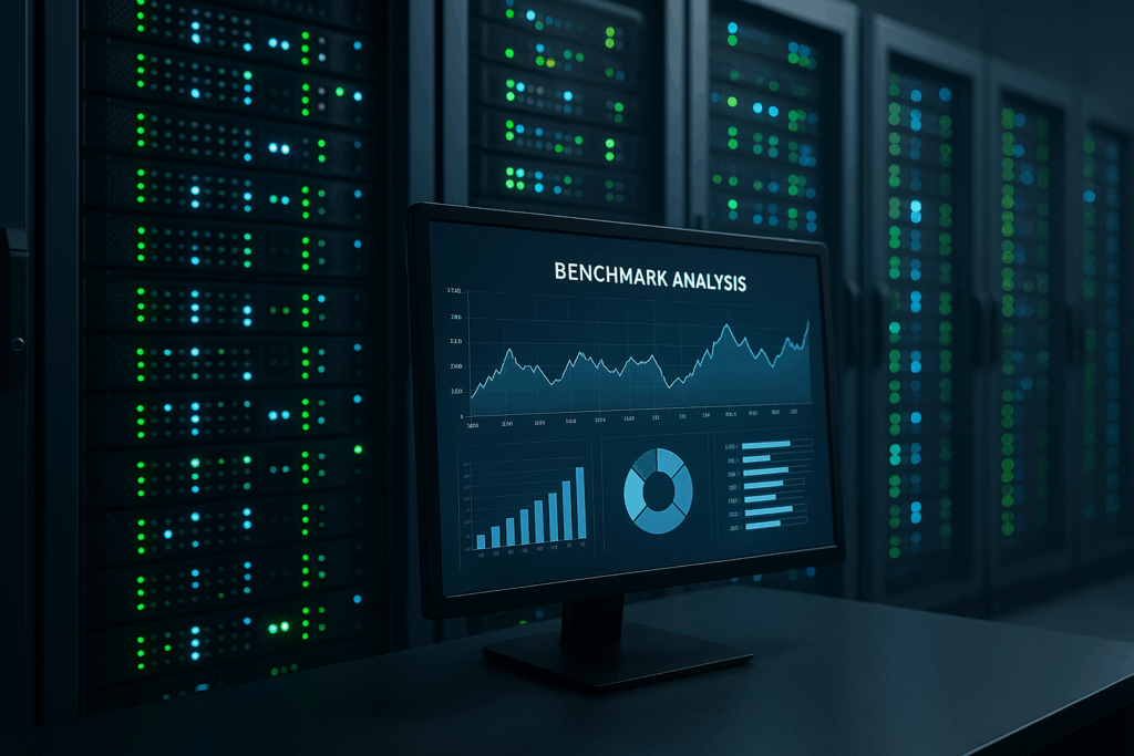 Racks de serveurs et écran d'ordinateur avec graphique de référence