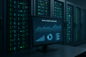 Racks de serveurs et écran d'ordinateur avec graphique de référence