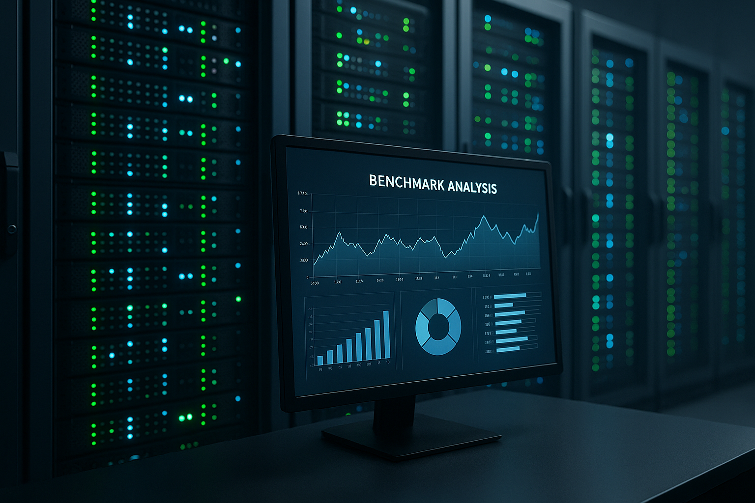 Racks de serveurs et écran d'ordinateur avec graphique de référence