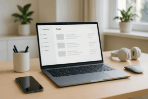 Poste de travail moderne avec ordinateur portable symbolisant l'hébergement web pour les blogueurs