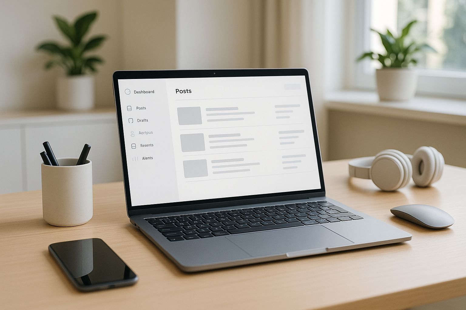Poste de travail moderne avec ordinateur portable symbolisant l'hébergement web pour les blogueurs