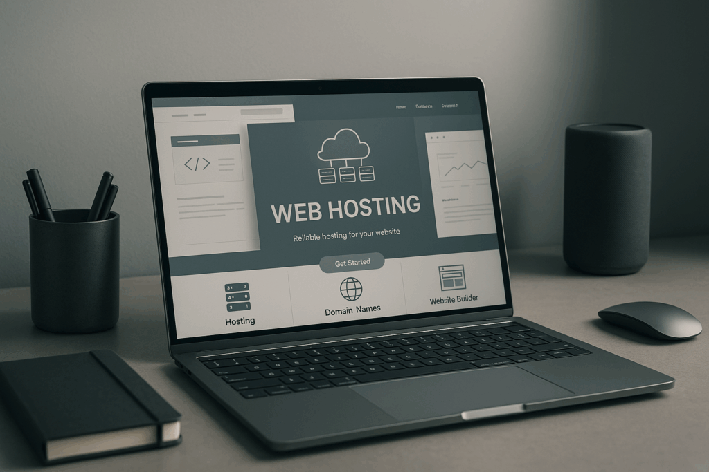 Configuration moderne de l'hébergement web avec ordinateur portable et sites web en arrière-plan