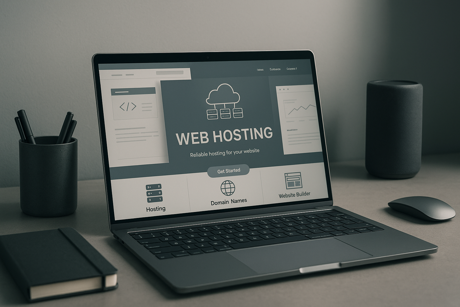 Configuration moderne de l'hébergement web avec ordinateur portable et sites web en arrière-plan