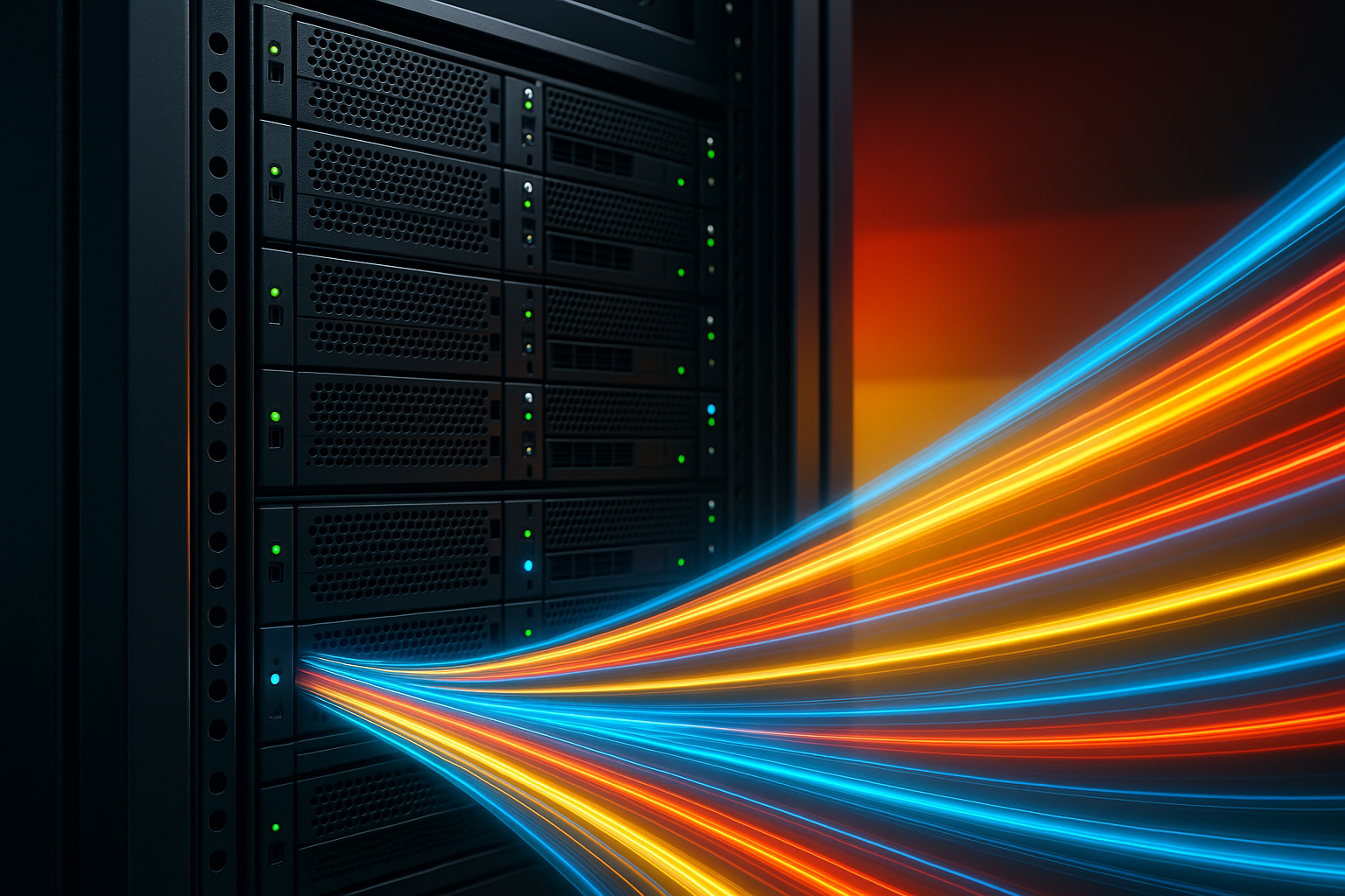 Rack de serveurs moderne avec flux de données pour un hébergement Traffic Flat