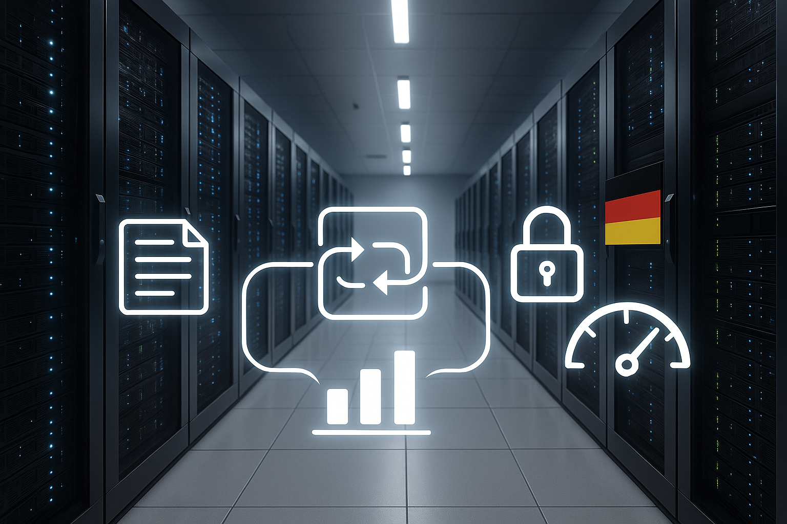 Centre de données photoréaliste avec racks de serveurs en Allemagne