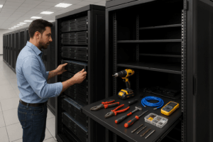 Une image photoréaliste d'un rack de serveurs moderne avec une vue divisée : à gauche, un technicien effectuant la maintenance (serveur géré), à droite, une technique ouverte avec des outils permettant une gestion autonome (self-management).