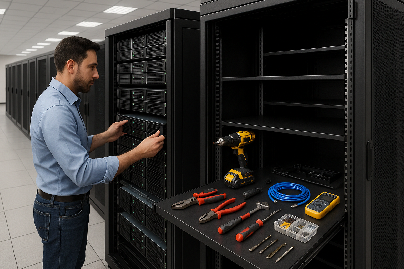 Une image photoréaliste d'un rack de serveurs moderne avec une vue divisée : à gauche, un technicien effectuant la maintenance (serveur géré), à droite, une technique ouverte avec des outils permettant une gestion autonome (self-management).