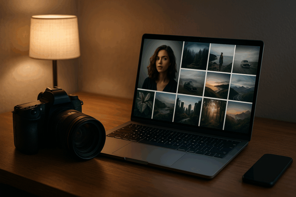 Poste de travail moderne avec appareil photo et ordinateur portable, sur lequel on peut voir un site web de photos professionnelles