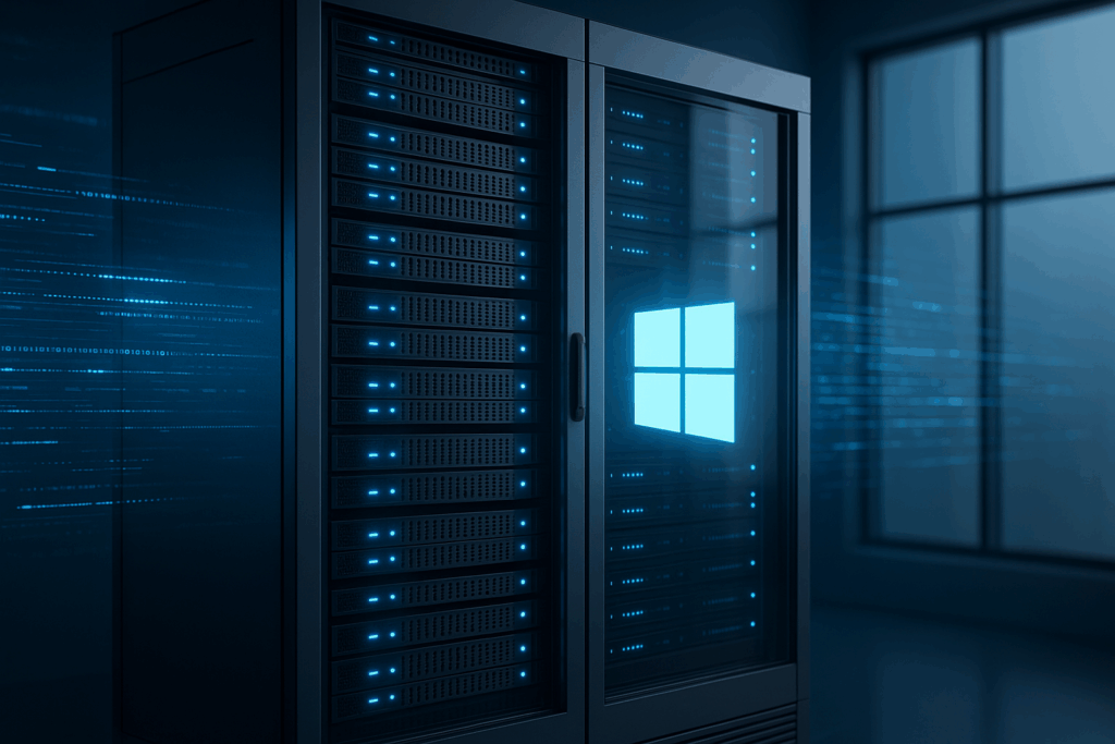Rack serveur avec icônes Windows et technologie VPS moderne