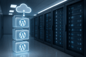 Base de données numérique avec sauvegardes automatisées de WordPress dans une salle de serveurs sécurisée