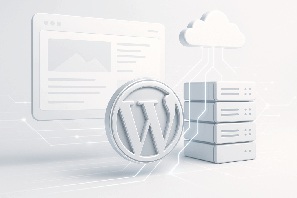 Rendu : blog WordPress avec réseau global Cloudflare, optimisation des performances visible par des effets de lumière en mouvement.