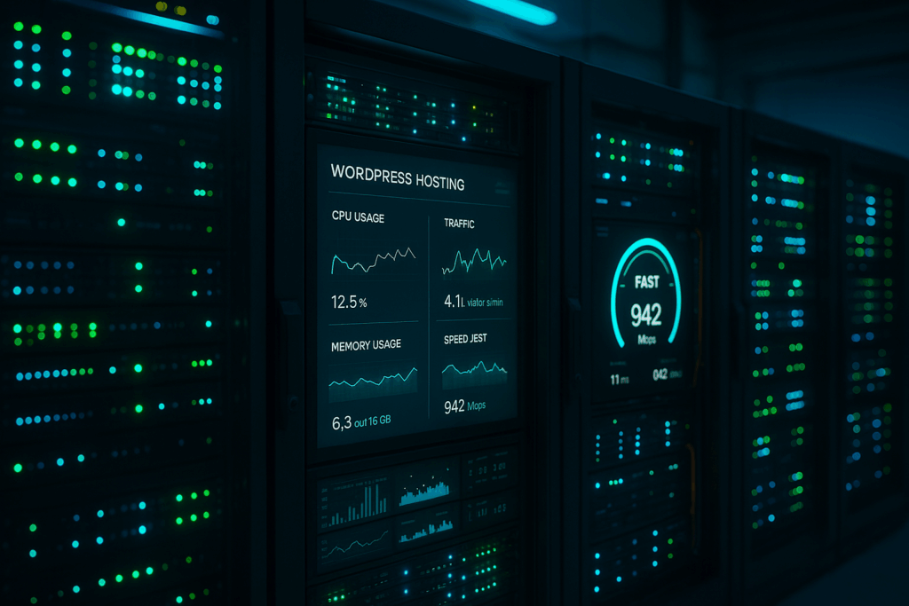Salle de serveurs moderne avec monitoring des performances pour le test d'hébergement WordPress