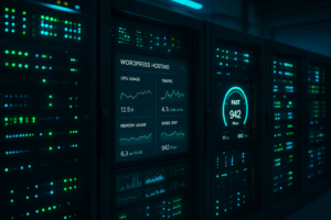 Salle de serveurs moderne avec monitoring des performances pour le test d'hébergement WordPress