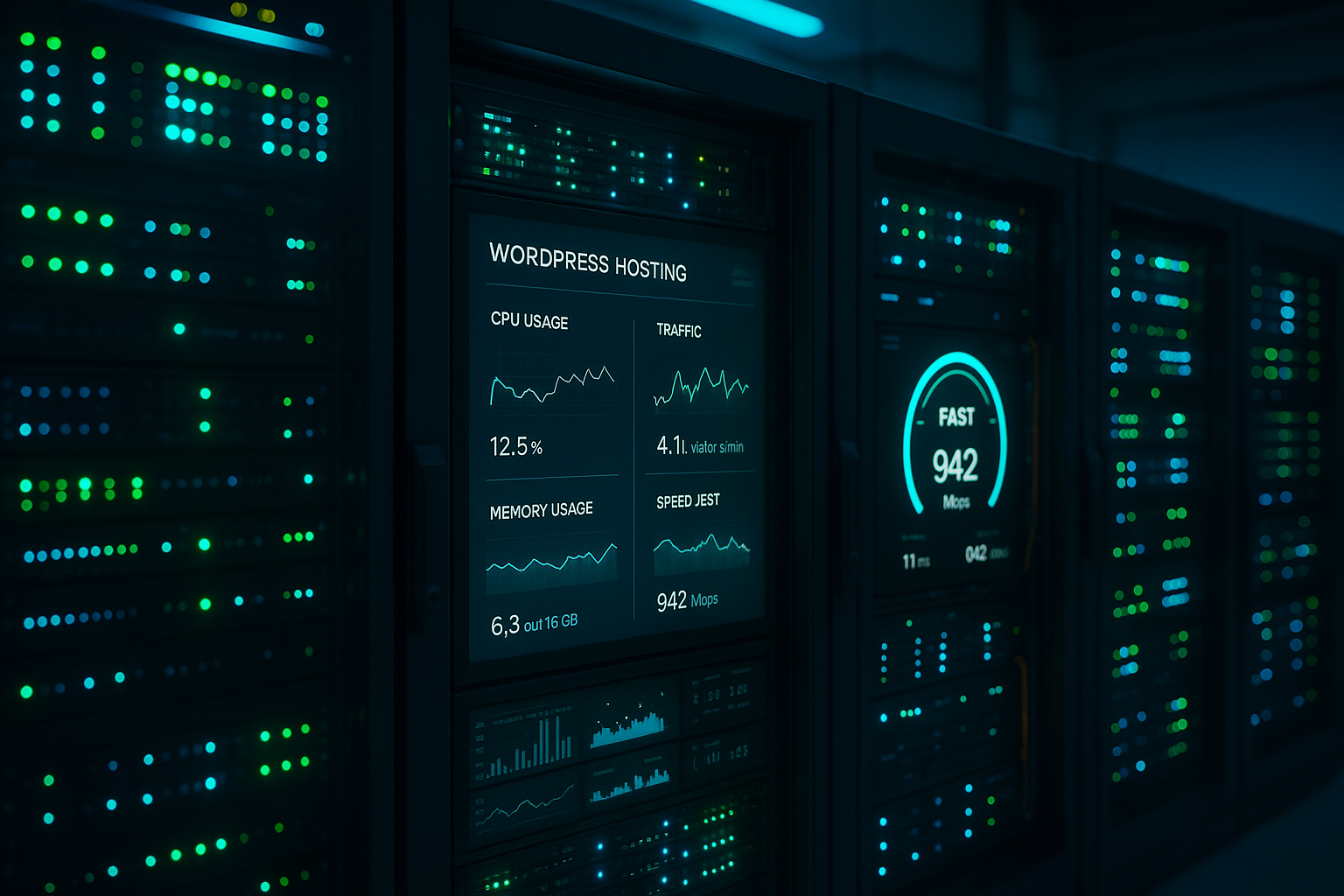 Salle de serveurs moderne avec monitoring des performances pour le test d'hébergement WordPress