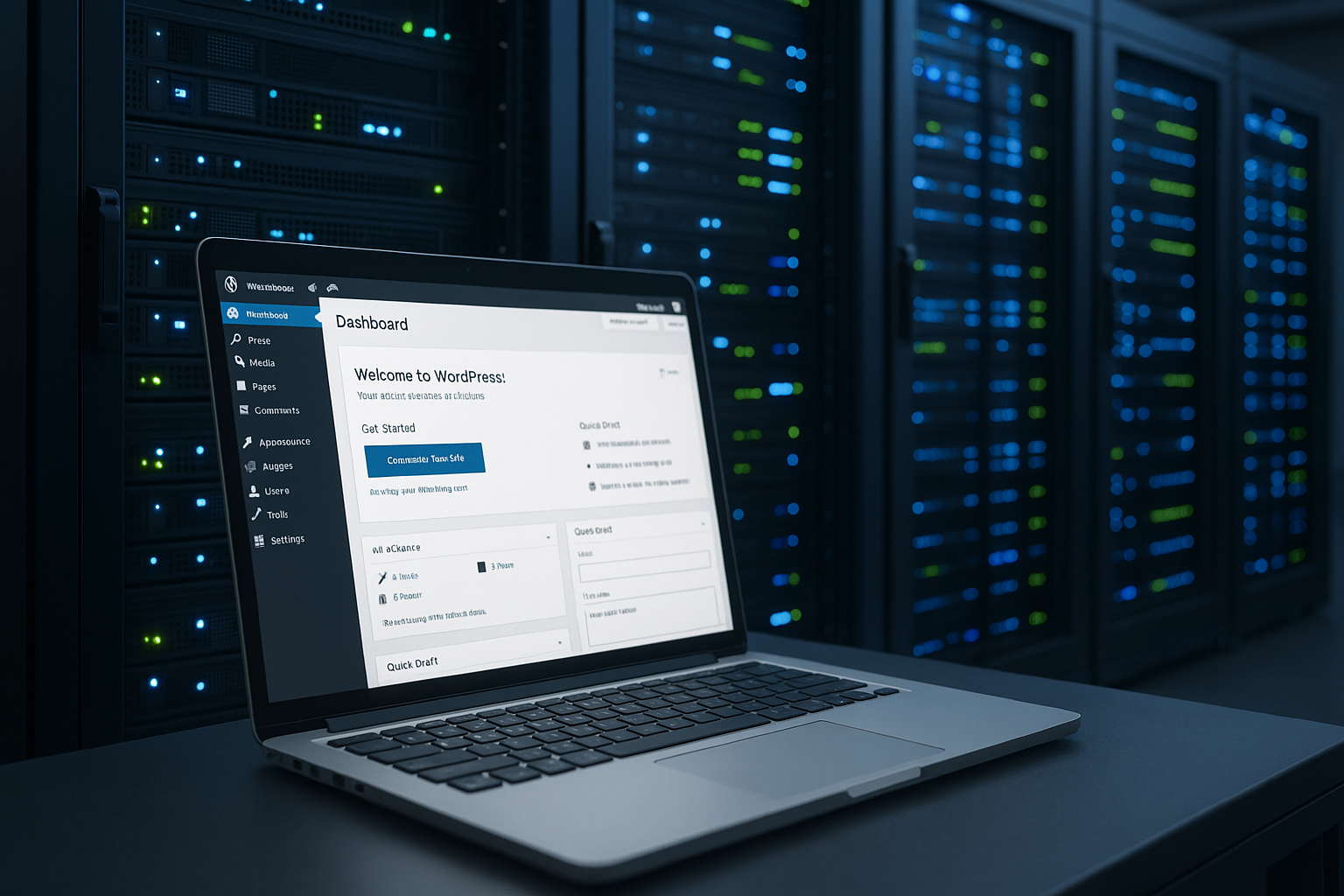Serveur d'hébergement WordPress dans un centre de données moderne avec ordinateur portable et infrastructure d'hébergement
