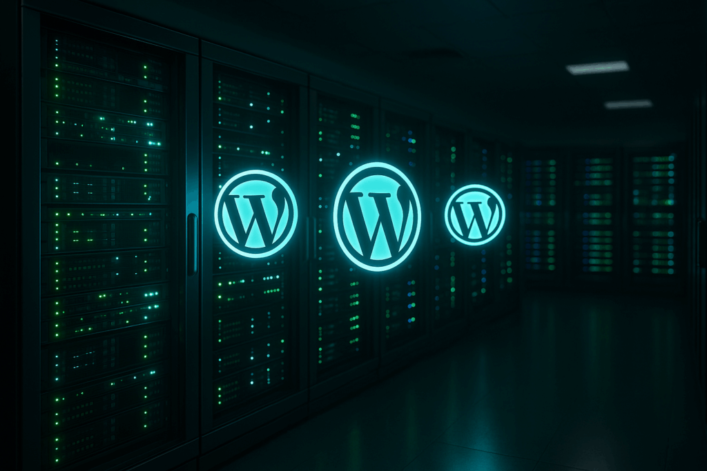 Salle de serveur avec logos WordPress - Comparaison d'hébergement moderne