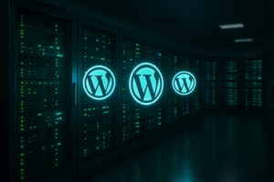 Salle de serveur avec logos WordPress - Comparaison d'hébergement moderne