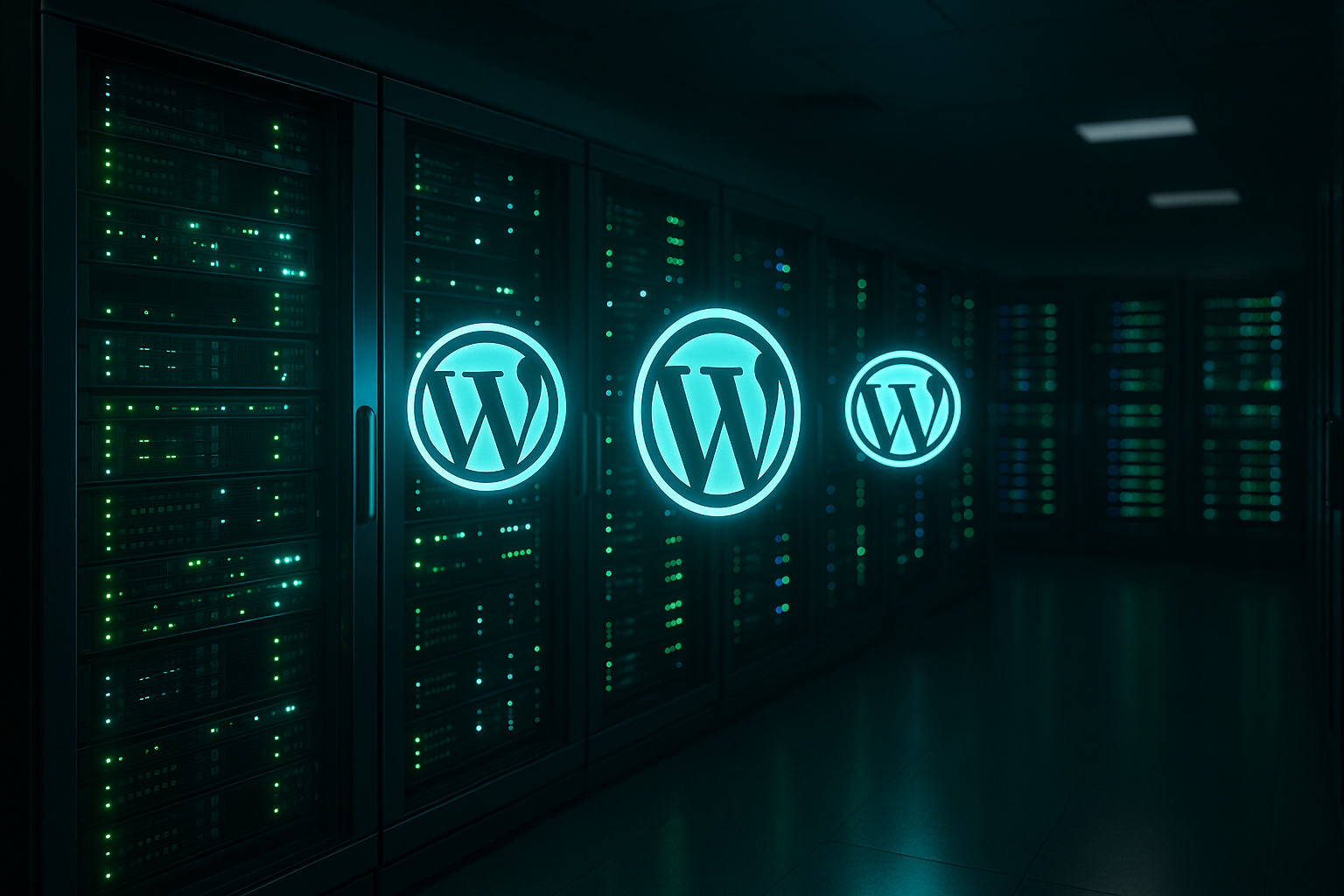 Salle de serveur avec logos WordPress - Comparaison d'hébergement moderne