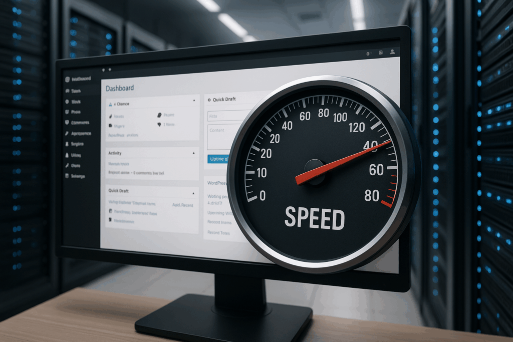 Tableau de bord WordPress avec indicateur de vitesse et serveurs haut de gamme