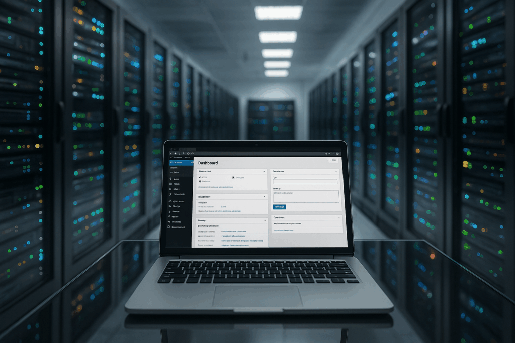 Salle de serveur moderne avec ordinateur portable et backend WordPress comme symbole de la performance rapide de l'API REST dans WordPress