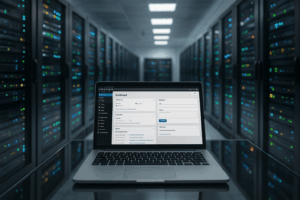 Salle de serveur moderne avec ordinateur portable et backend WordPress comme symbole de la performance rapide de l'API REST dans WordPress