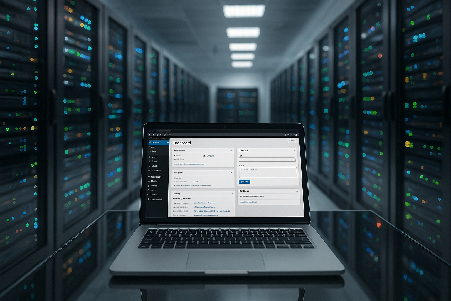 Salle de serveur moderne avec ordinateur portable et backend WordPress comme symbole de la performance rapide de l'API REST dans WordPress