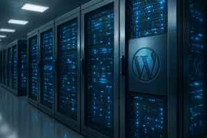 Salle de serveurs avec des serveurs d'hébergement modernes et des éléments WordPress doux