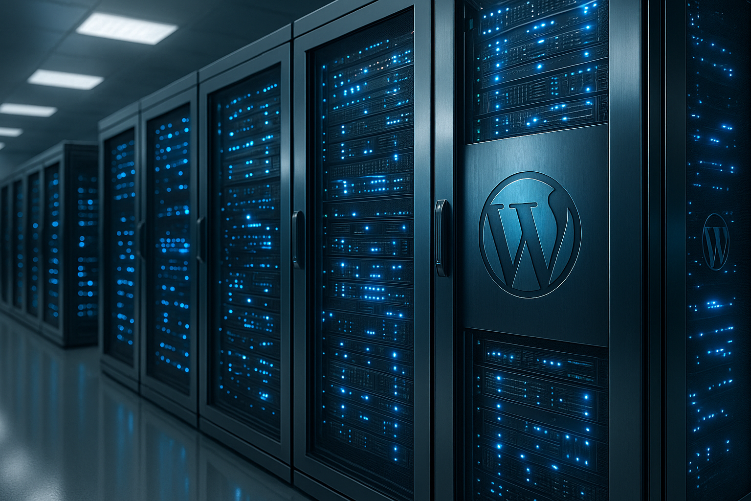 Salle de serveurs avec des serveurs d'hébergement modernes et des éléments WordPress doux
