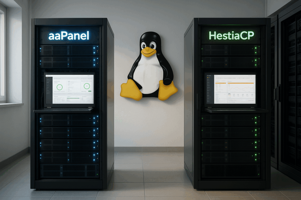 Salle de serveurs Linux avec aaPanel et HestiaCP Panels, technologie informatique moderne, photoréaliste