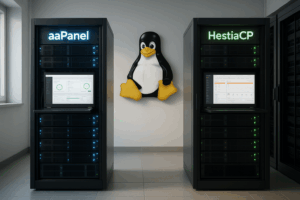 Salle de serveurs Linux avec aaPanel et HestiaCP Panels, technologie informatique moderne, photoréaliste