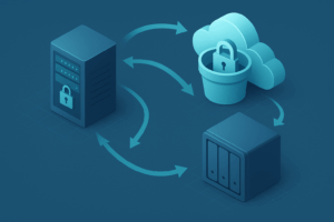 Sauvegarde 3-2-1 en hébergement web avec serveur, stockage dans le nuage et NAS externe ainsi que copie inaltérable.