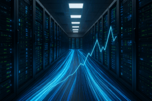 L'infrastructure serveur avec des connexions réseau brillantes affiche des performances en rafale et un flux de données