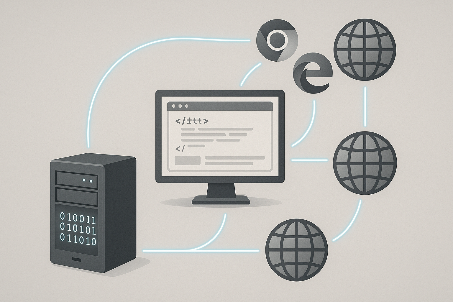Hiérarchies de mise en cache visualisées sous forme de diagramme de réseau avec le serveur, le navigateur et le nœud CDN global.
