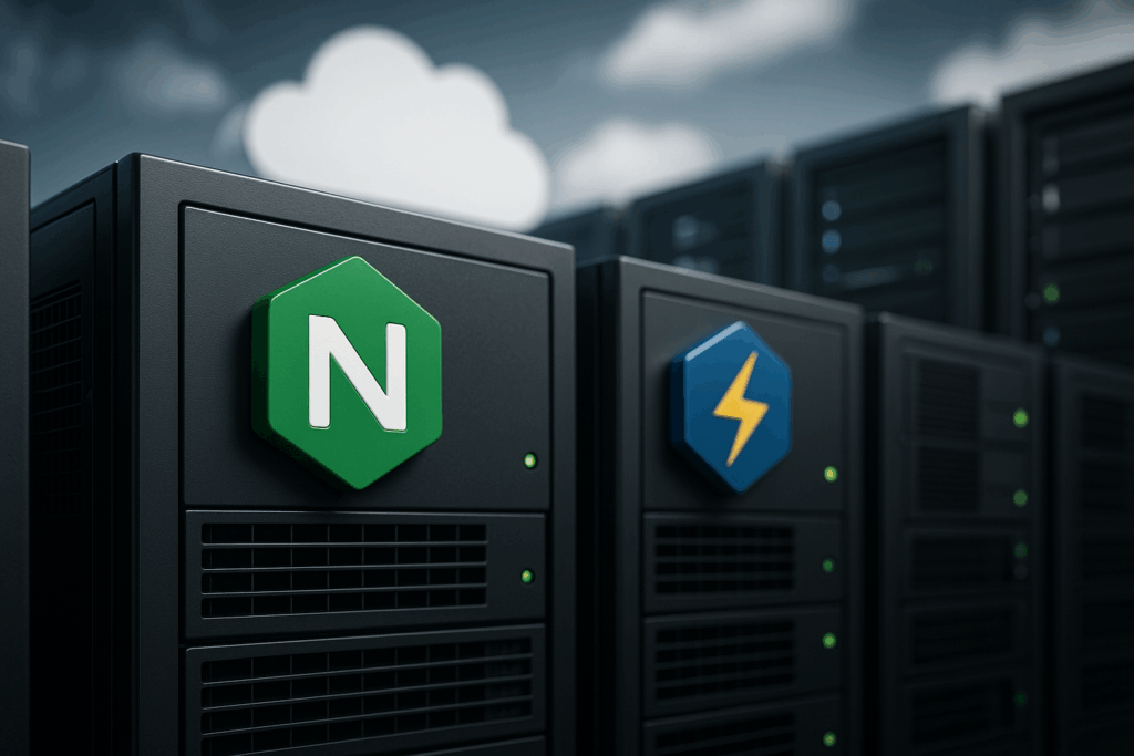 Interface photoréaliste sous forme de panneaux devant une infrastructure cloud avec des racks de serveurs suggérés.