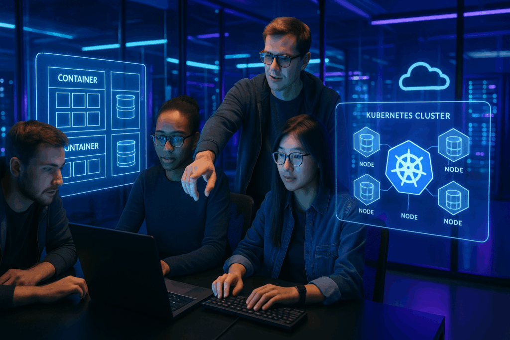 Une équipe de développement moderne travaille avec un hébergement natif de conteneurs et des visualisations Kubernetes sur des stations de travail ultramodernes