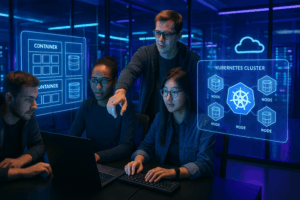 Une équipe de développement moderne travaille avec un hébergement natif de conteneurs et des visualisations Kubernetes sur des stations de travail ultramodernes