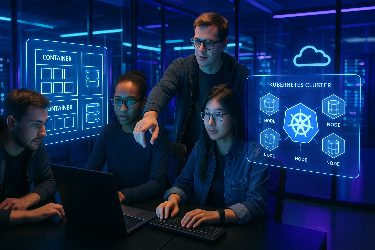 Une équipe de développement moderne travaille avec un hébergement natif de conteneurs et des visualisations Kubernetes sur des stations de travail ultramodernes
