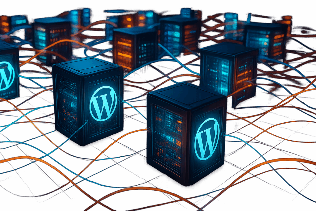 Représentation photoréaliste d'un centre de données avec des conteneurs de serveurs isolés et des logos WordPress.