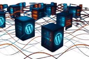 Représentation photoréaliste d'un centre de données avec des conteneurs de serveurs isolés et des logos WordPress.