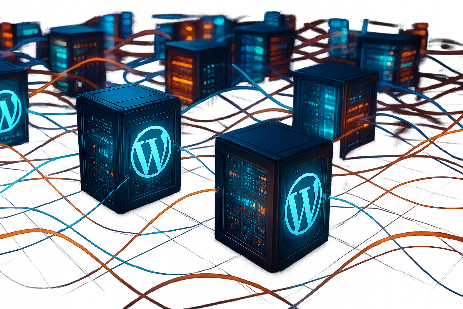 Représentation photoréaliste d'un centre de données avec des conteneurs de serveurs isolés et des logos WordPress.