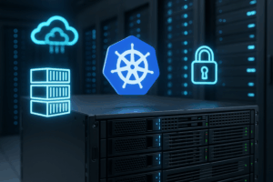 Environnement serveur avec icônes de conteneurs et Kubernetes dans le centre de données